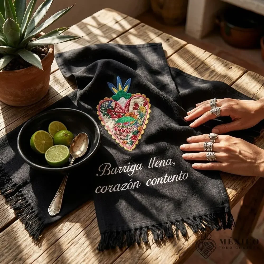 Mexican decorative towel Barriga llena corazon contento 38 x 18 inches